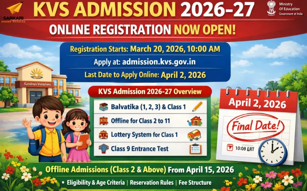 KVS Admission 2026-27: Online Registration Open, Apply by April 2